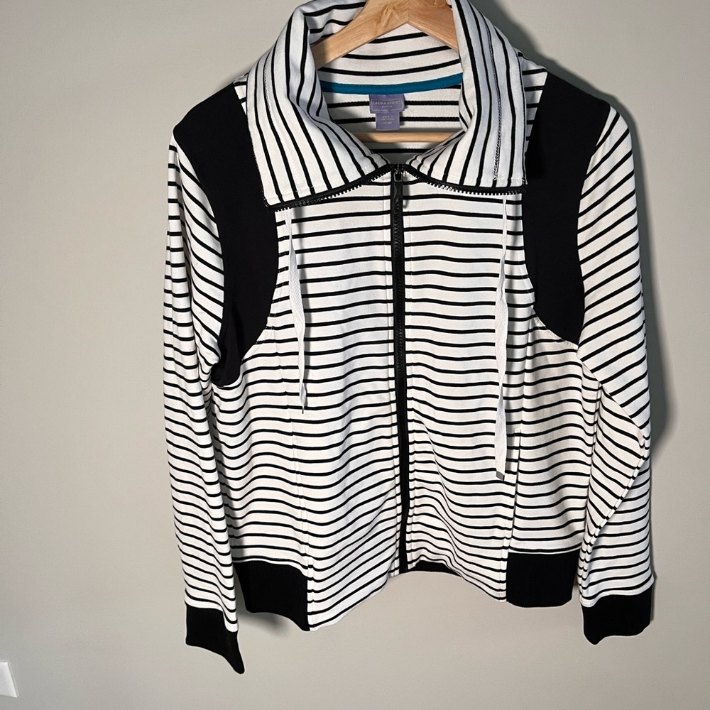 Laura Scott Petite Striped Full‎ Zip Track Jacket Black White Large Petite L/P